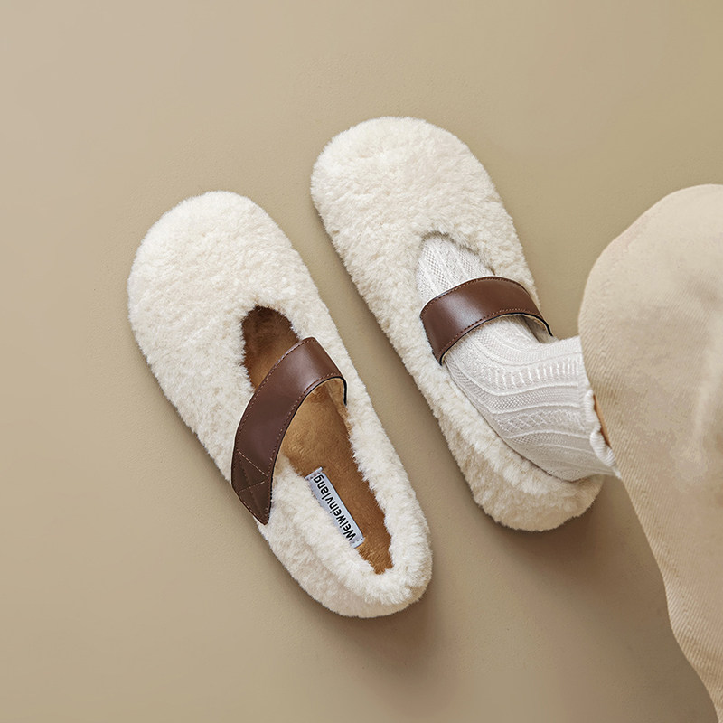 平底毛毛鞋女2026春夏季新款外穿一字带豆豆鞋加绒保暖大码单鞋