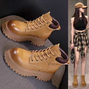 真皮马丁靴女2025年秋冬新款 复古短筒加绒大黄靴 厚底增高百搭工装