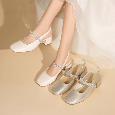 法式方头包头凉鞋女中跟玛丽珍鞋