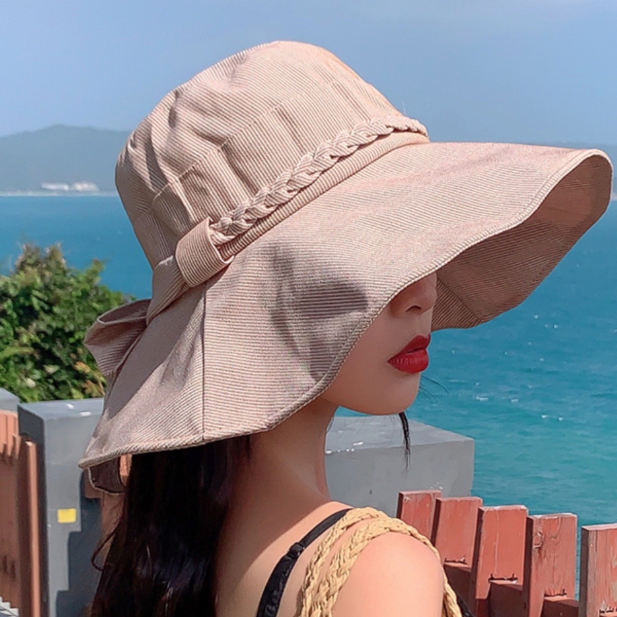 帽子女夏防晒遮阳帽大檐防紫外线蝴蝶结百搭时尚太阳帽遮脸渔夫帽