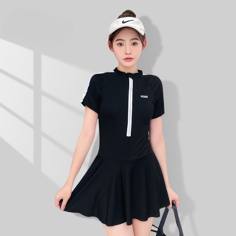 连体式泳衣女韩国学生显瘦遮肉ins运动风纯色带拉链温泉泳装