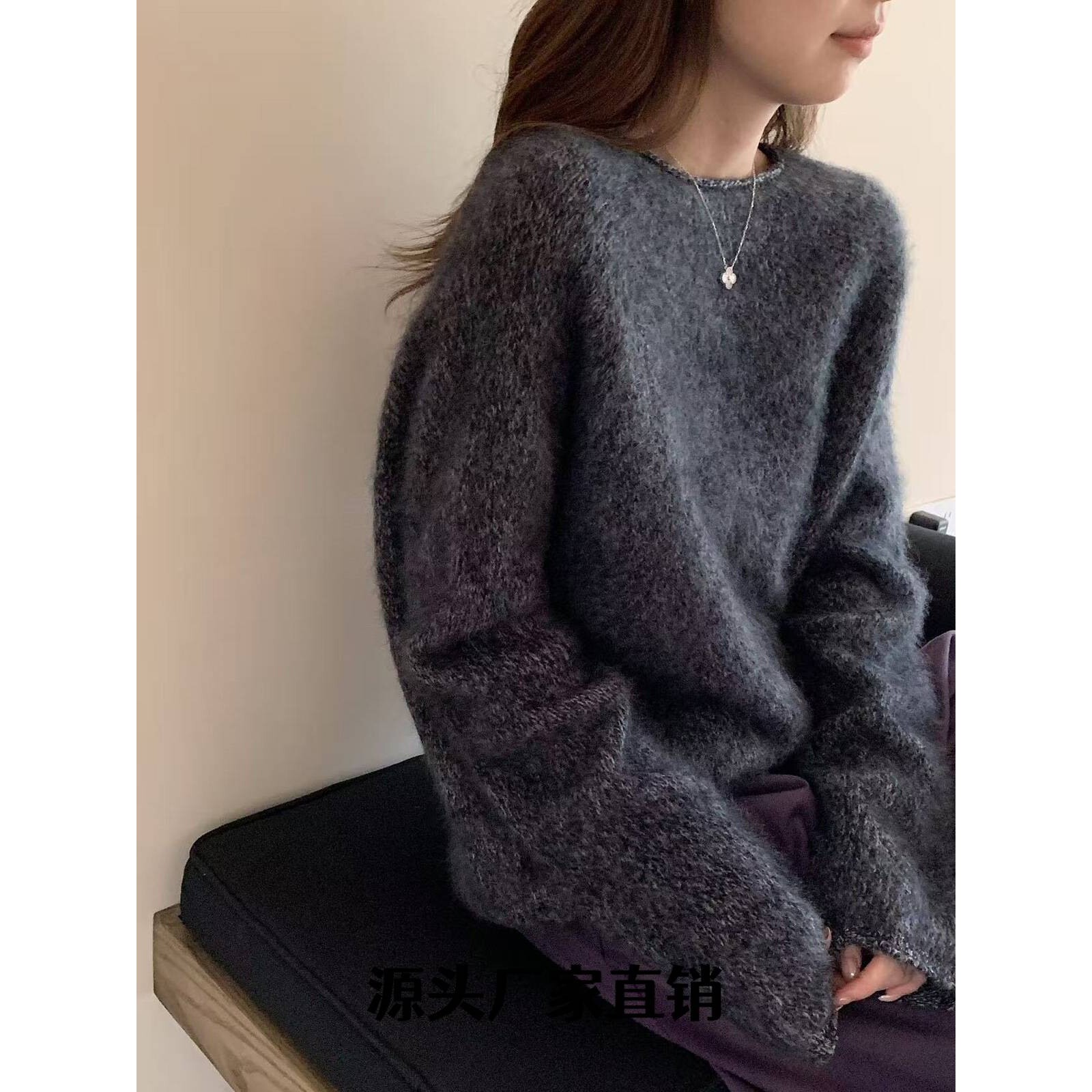 桐乡市朵兰春慵懒随性过冬！羊毛衫女拉毛圆领加厚花纱套头宽松时