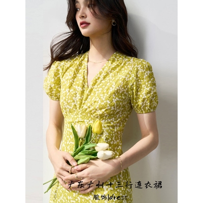 广东广州十三行连衣裙25夏新棉盐缩褶皱肌理小碎花温柔浪漫高腰显