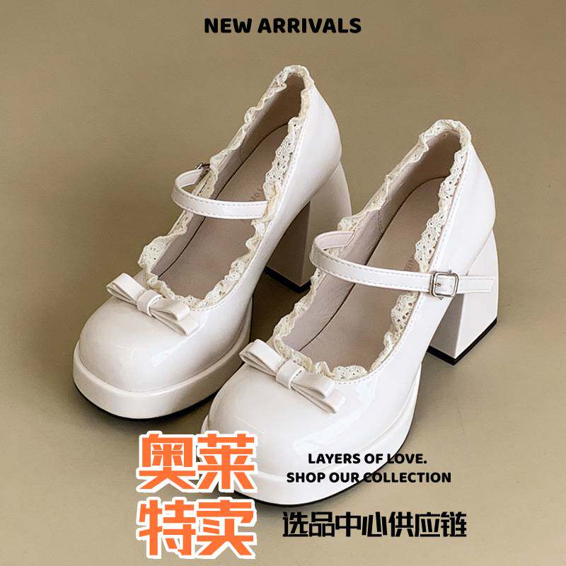 青岛福克来女鞋法式蕾丝蝴蝶结高跟鞋女春季新款配裙子日系粗跟珍