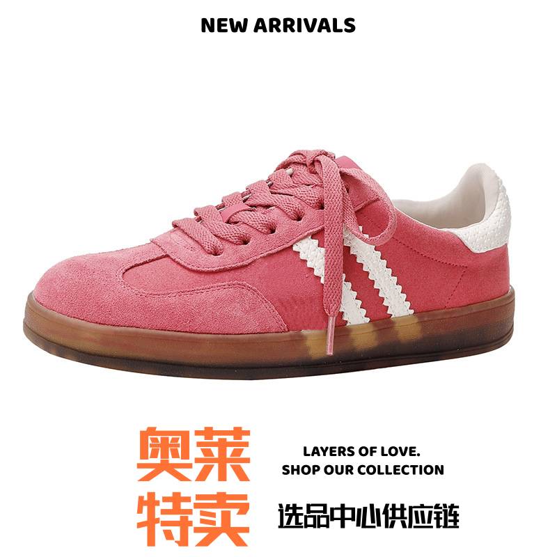 青岛福客来鞋新款女鞋厚底复古真皮红色德训鞋百搭运动休闲阿甘鞋