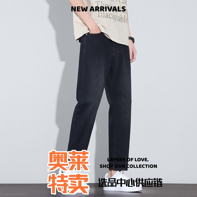台门三门冲锋衣新款满烫钻直筒牛仔裤男裤潮流时尚百搭夏季薄款牛
