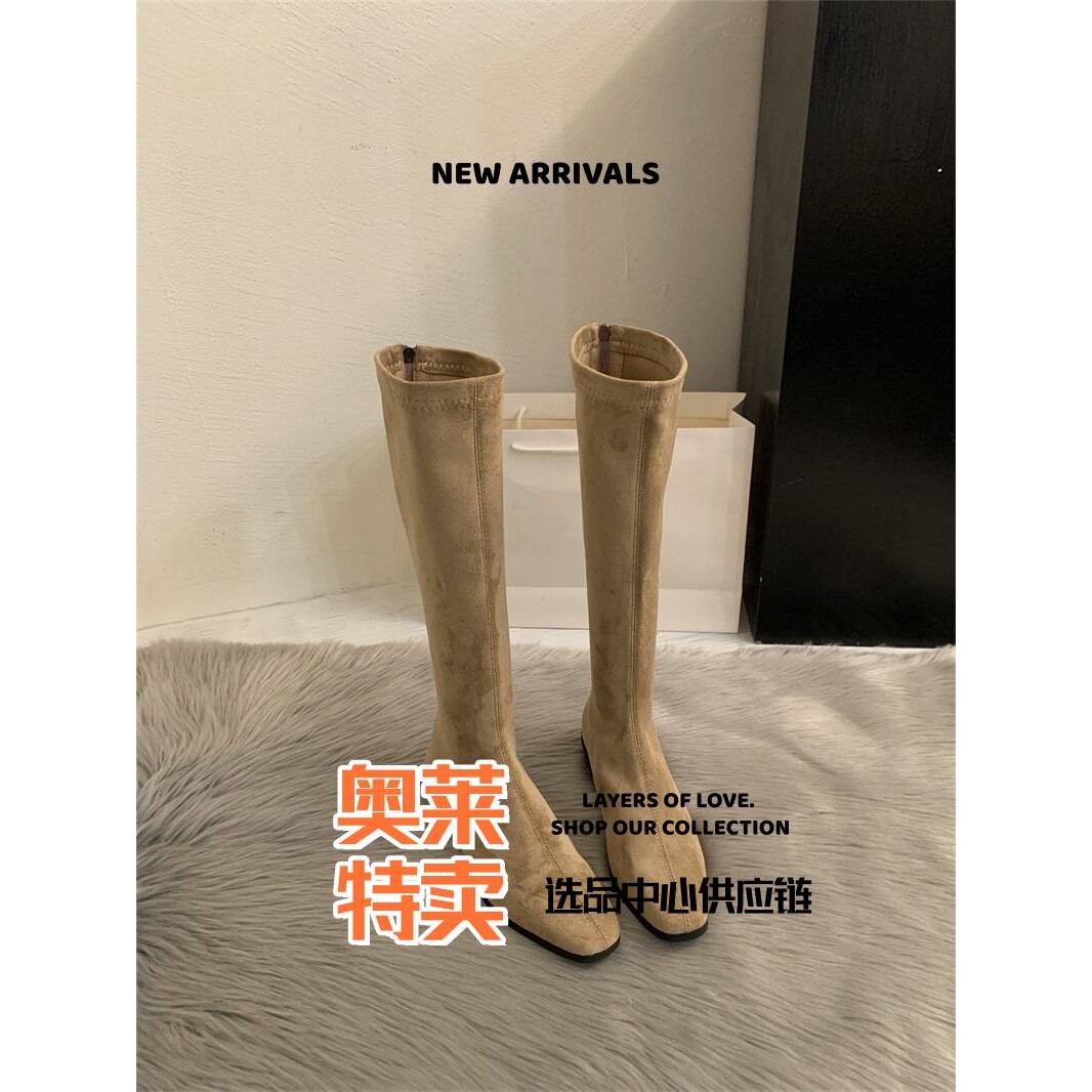 惠州市柏女鞋业粗跟尖头绒面瘦瘦长筒靴女鞋新款秋冬季韩版长靴中