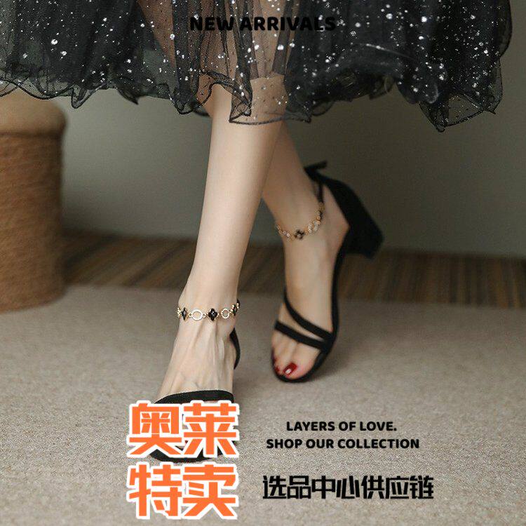 福建双持鞋业法式新款凉鞋女中跟粗跟夏季黑色小众高级感配裙高跟