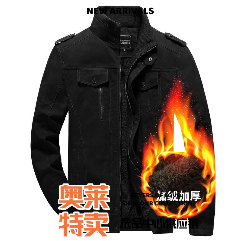 秋冬新款欧美户外工装立领拉链外套男装休闲夹克男加绒加厚