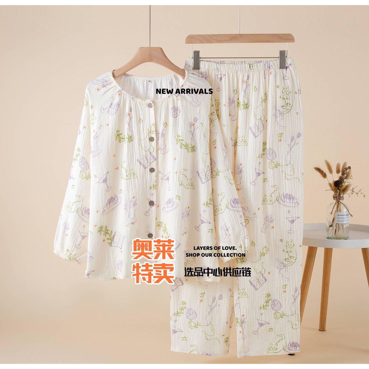 睡衣女款南通新款卡通可爱风纯棉双层纱布睡衣女春秋季夏天薄款家