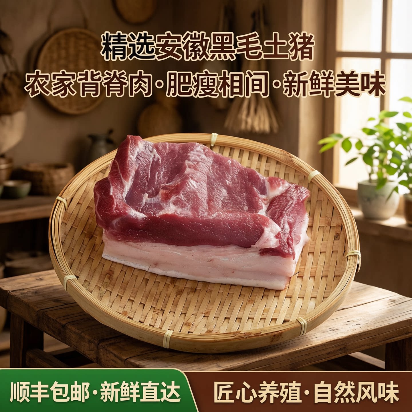 皖南农家黑毛土猪肉背脊肉带肥肉的大里脊肉4斤装