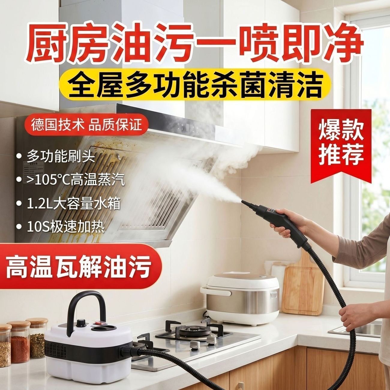 德国高温高压蒸汽清洁机家用小型多功能厨房去油污消毒油烟机清洗