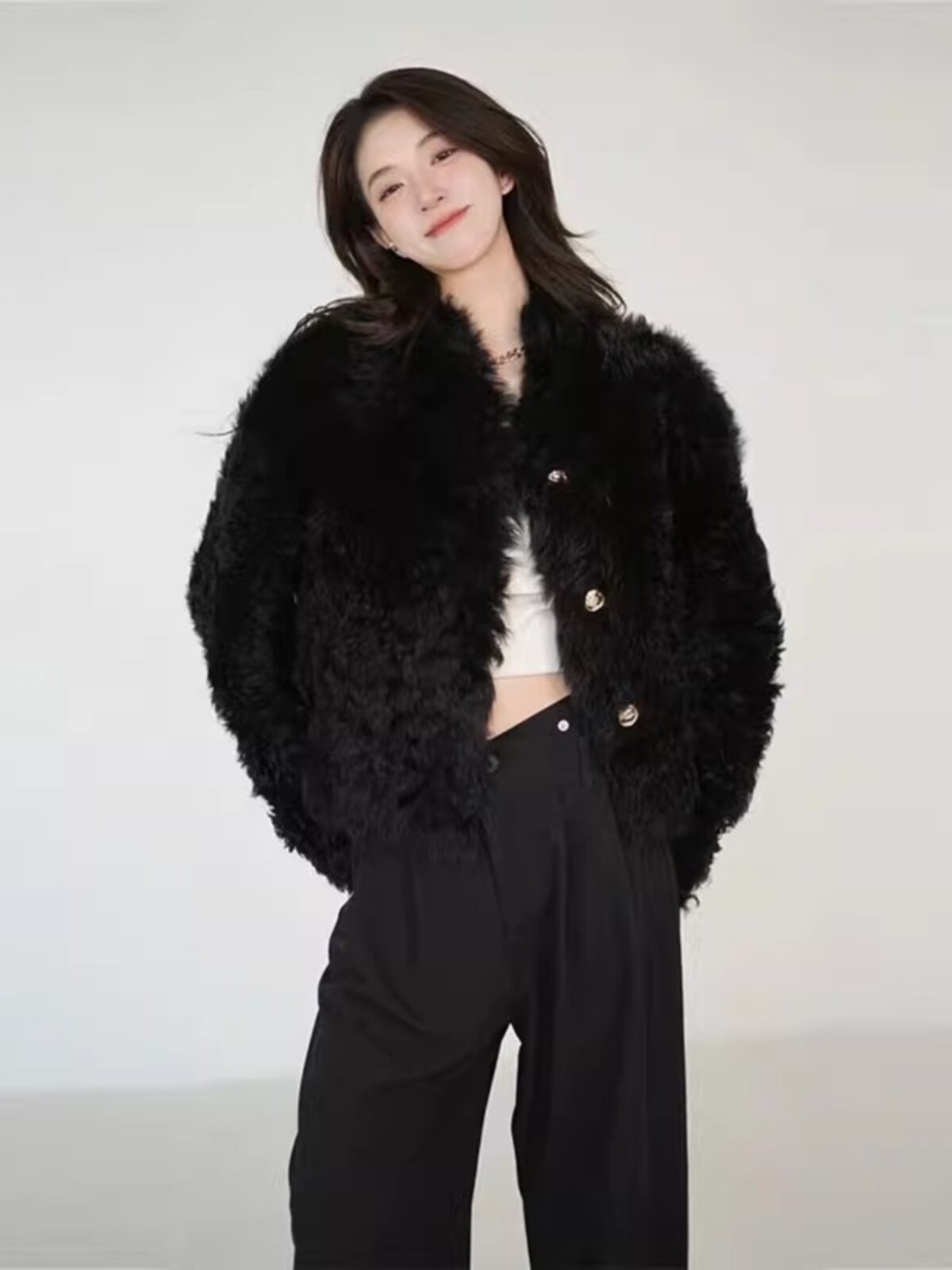 黑色皮草毛绒外套女秋冬2025新款韩版时尚加厚保暖短款羊羔毛上衣