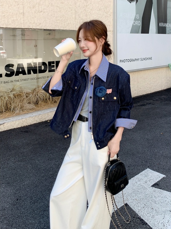 小香风外套女春秋2025新款高级感覆古格纹牛仔气质显瘦翻领上衣女