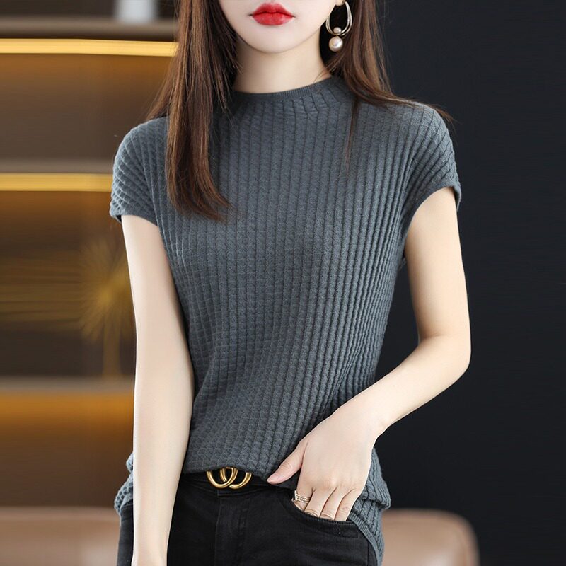 冰丝针织短袖t恤女夏季2025新款时尚复古气质修身薄款半高领上衣