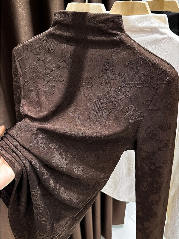 半高领打底衫女秋冬2025新款设计感提花磨毛美拉德气质显瘦上衣女