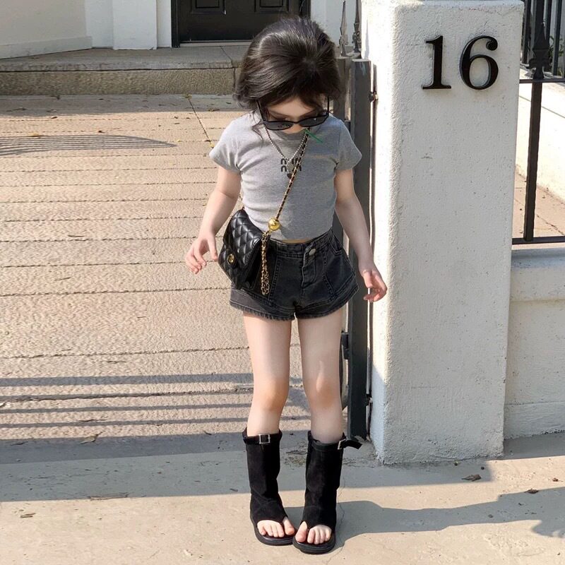 女童气质套装夏季新款修身短款抽绳露背短袖T恤牛仔短裤子两件套