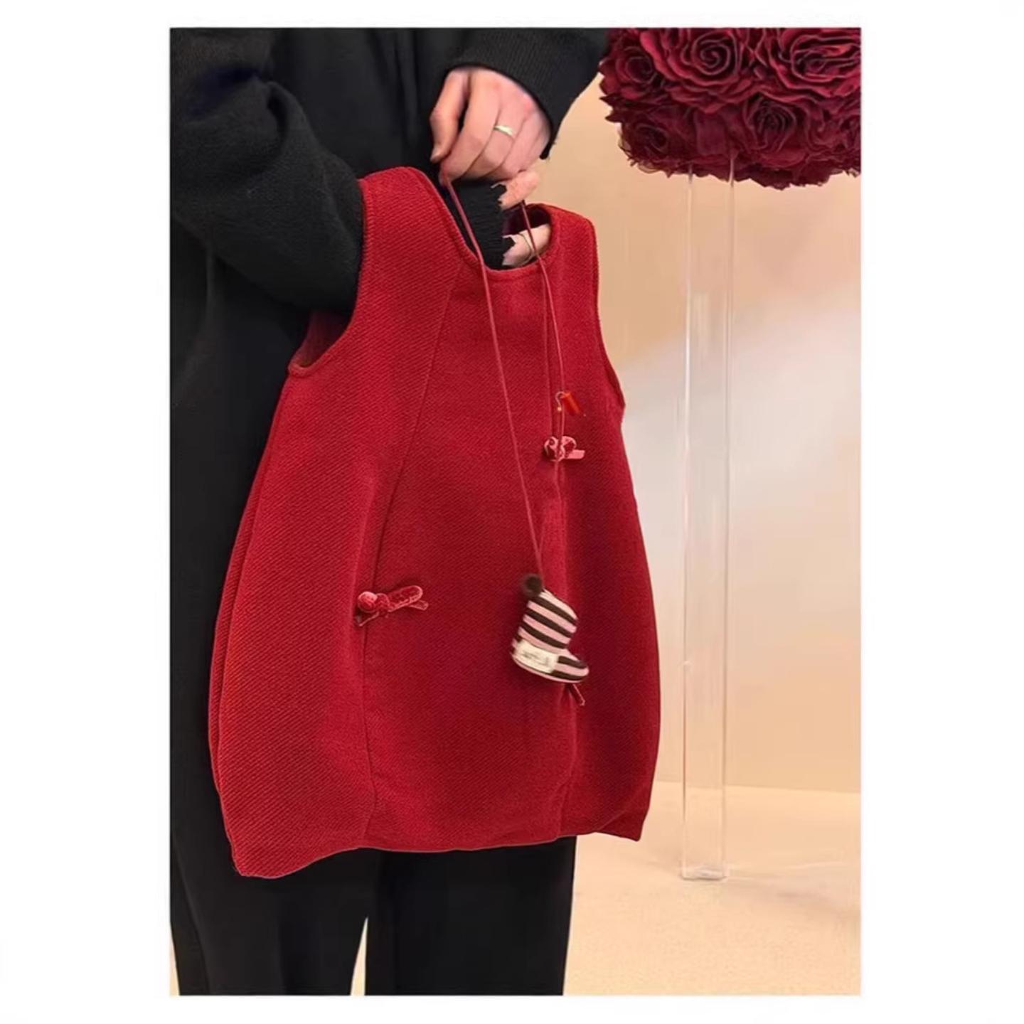 女童秋冬加厚毛呢连衣裙宝宝洋气红色蝴蝶结周岁礼服拜年服背心裙