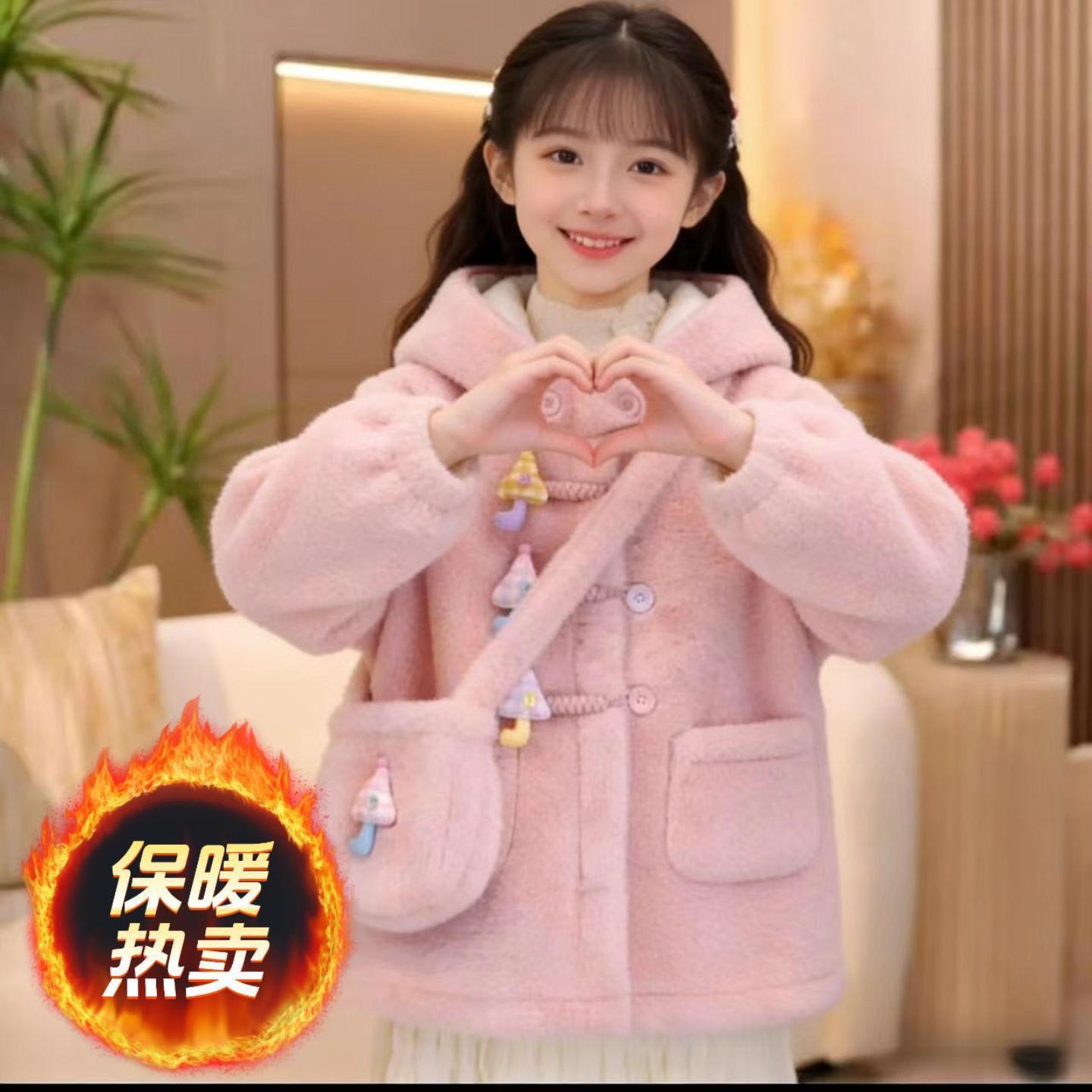 女童冬季外套加绒加厚毛毛衣中大童新款韩版可爱保暖中长款大衣潮
