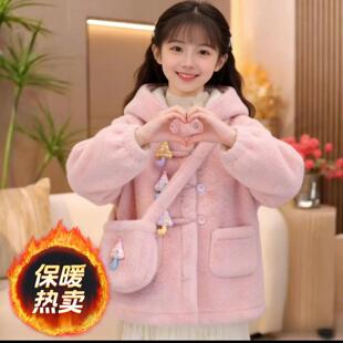 女童冬季外套加绒加厚毛毛衣中大童新款韩版可爱保暖中长款大衣潮