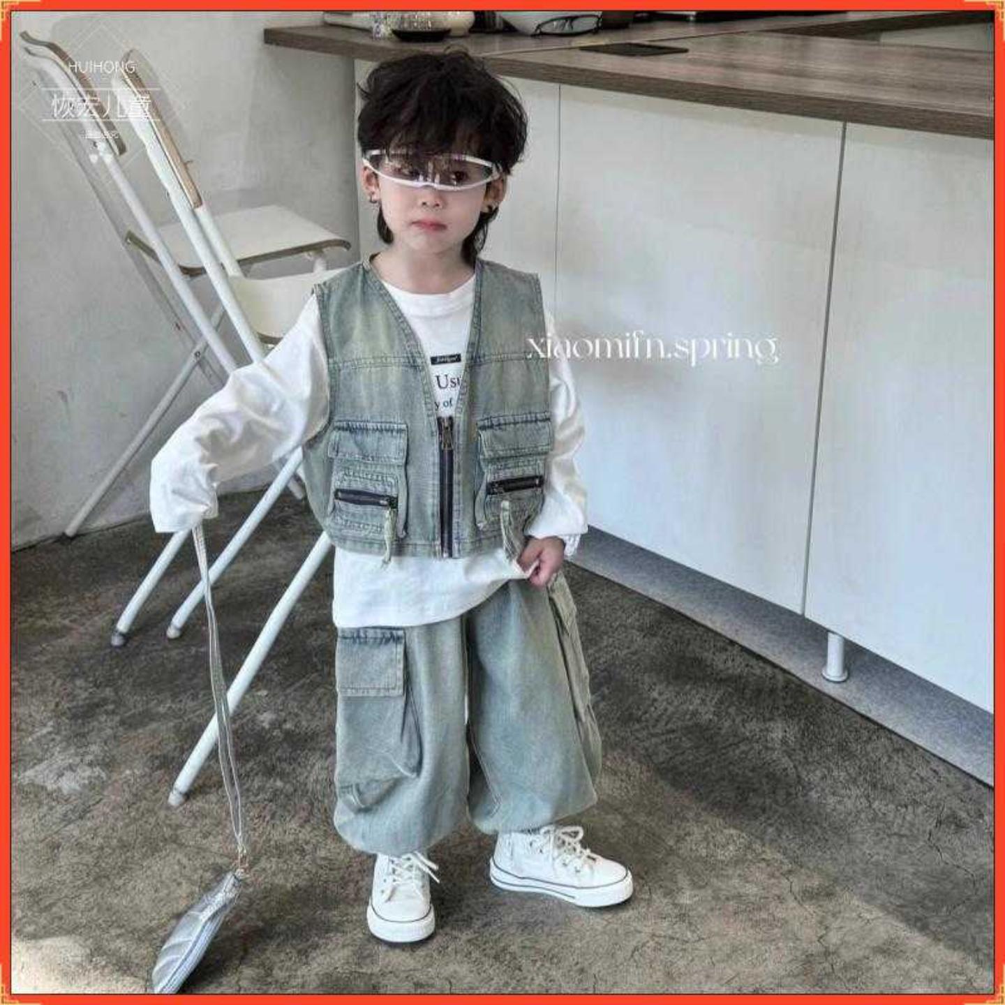 潮酷男童牛仔套装春季新款洋气儿童马甲套装韩版男童春秋两件件套