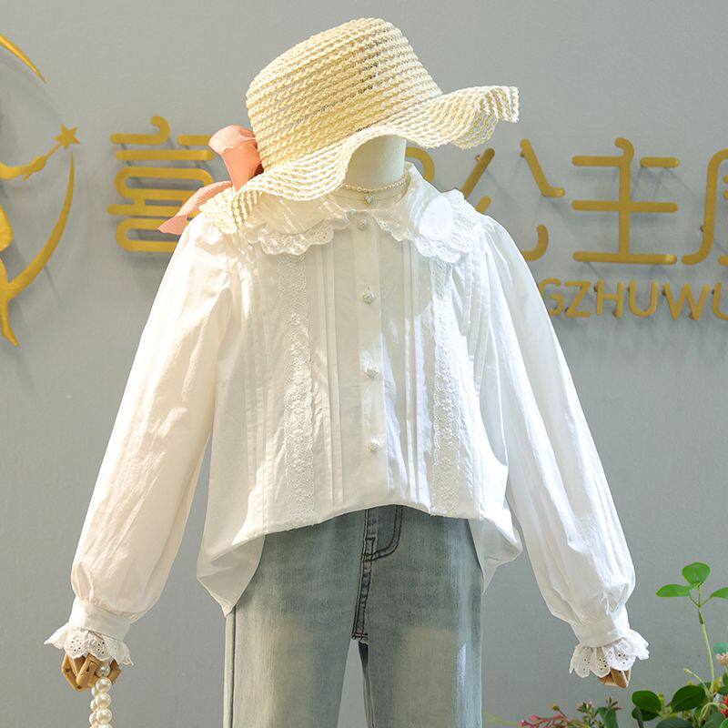 女童蕾丝长袖衬衫春季常规娃娃领白色洋气韩版翻领衬衣外套上衣