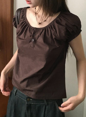 eilove古早少女棕色排扣圆领衬衫女基础百搭宽松显瘦泡泡短袖上衣