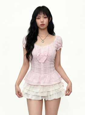 EILOVE 法式泡泡袖方领蕾丝花边衬衫甜美纯欲收腰荷叶边下摆上衣