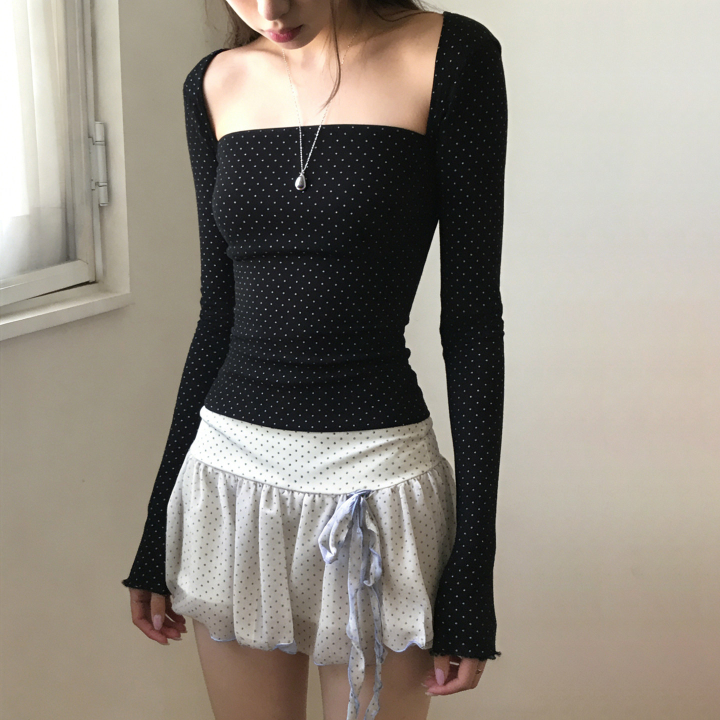 eilove韩系古早少女感波点方领上衣女抹胸吊带长袖坎肩两件套T恤,女装/女士精品,T恤,淘宝优惠券,粉丝福利购,淘宝优惠卷