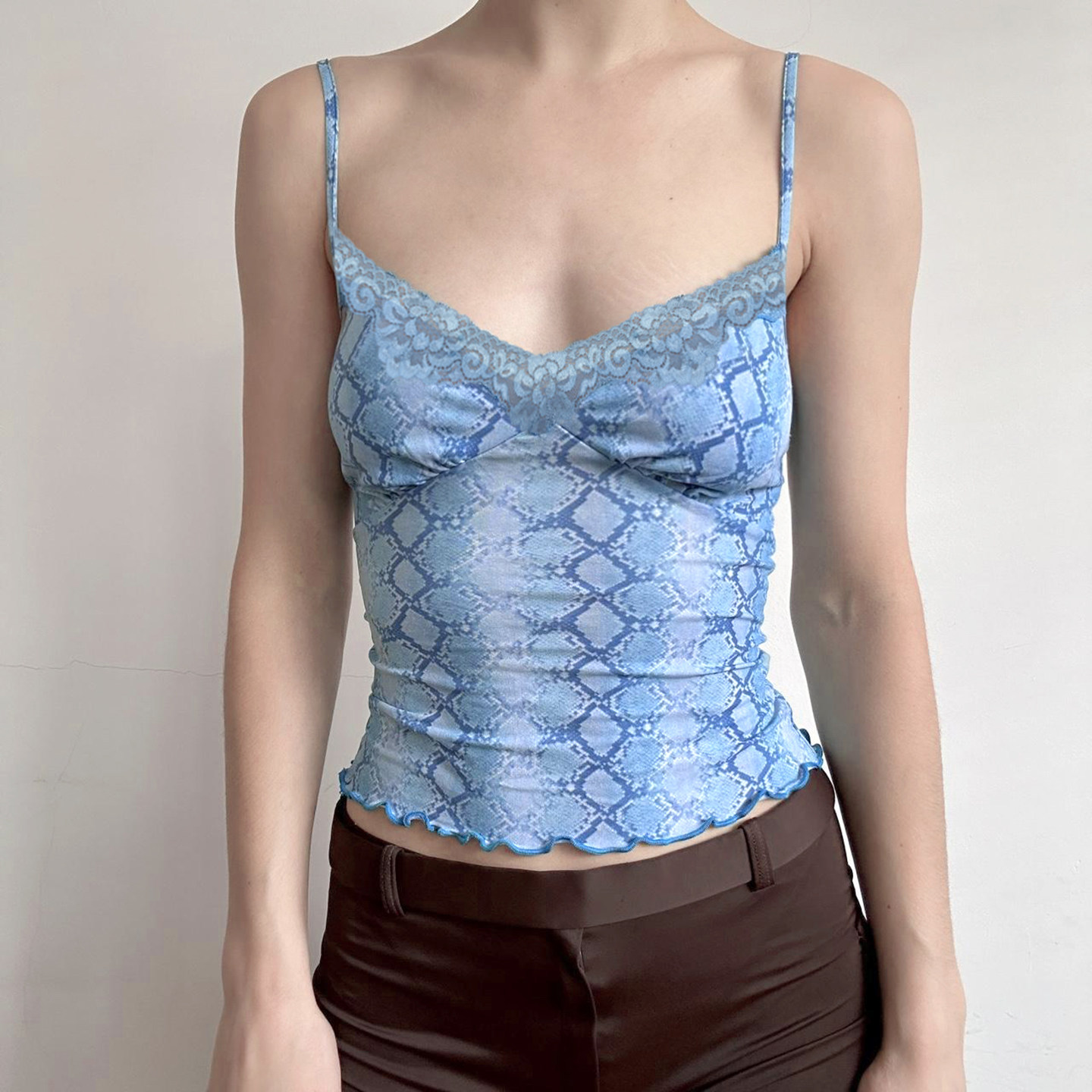 eilove美式vintage蛇纹印花蕾丝吊带女复古辣妹木耳花边无袖背心,女装/女士精品,背心吊带,淘宝优惠券,粉丝福利购,淘宝优惠卷