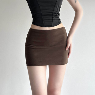 eilove美式辣妹低腰修身性感包臀短裙女防走光A字裙裤棕色半身裙
