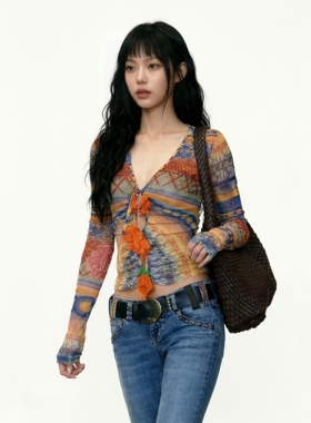 EILOVE 波西米亚民族风印花v领系带开衫南法度假长袖防晒网纱T恤