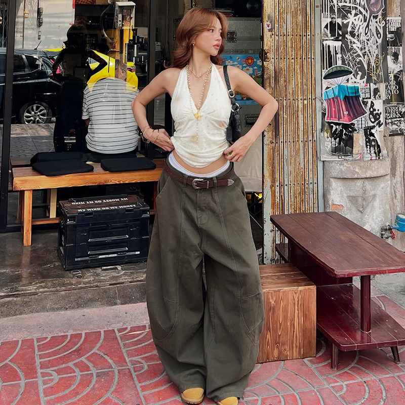 eilove美式复古军绿色阔腿工装牛仔裤女街头松弛感宽松廓形弯刀裤