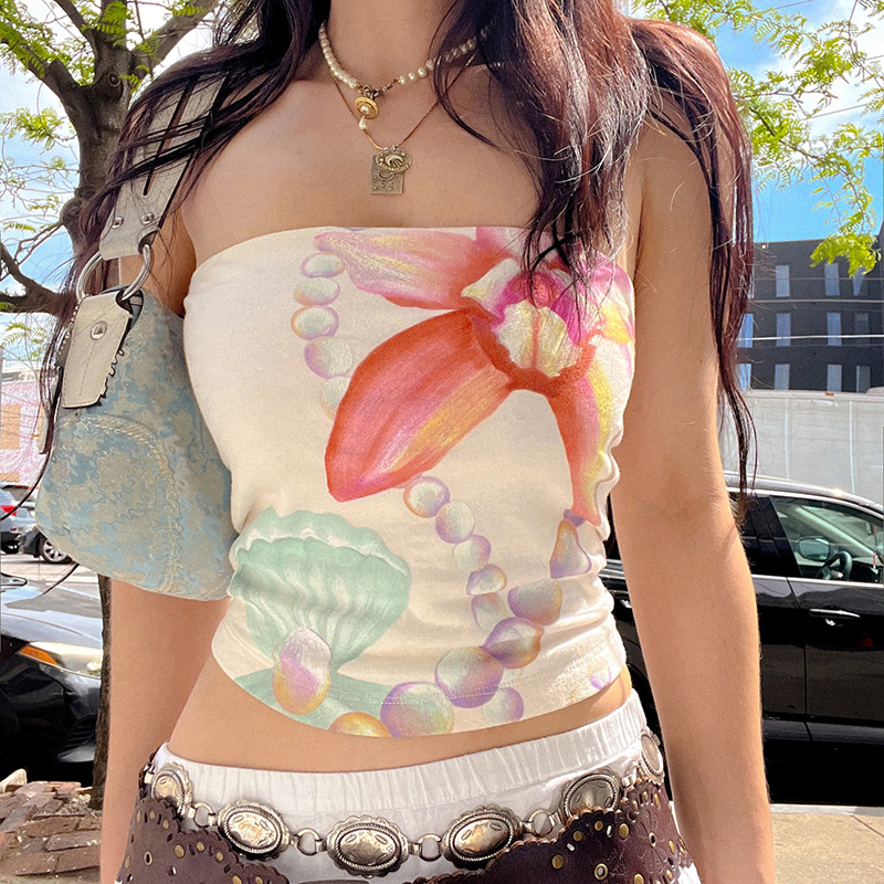 海岛沙滩贝壳花卉印花抹胸