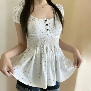 上衣 短袖 EILOVE 复古日杂低胸排扣u型领波点T恤打揽收腰A摆娃娃衫