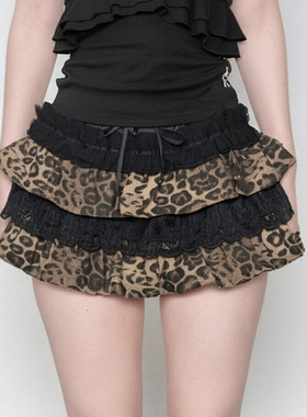 eilove日杂涉谷豹纹拼接层叠蛋糕裙女亚比辣妹蝴蝶结系带半身裤裙