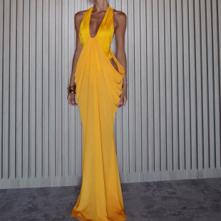 EILOVE 欧美风性感深v领挂脖连衣裙女拼接镂空高开叉鱼尾拖地长裙