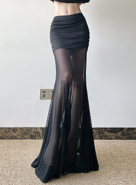 eilove禁欲系黑色网纱拼接半身裙女性感辣妹修身缩褶包臀裙鱼尾裙