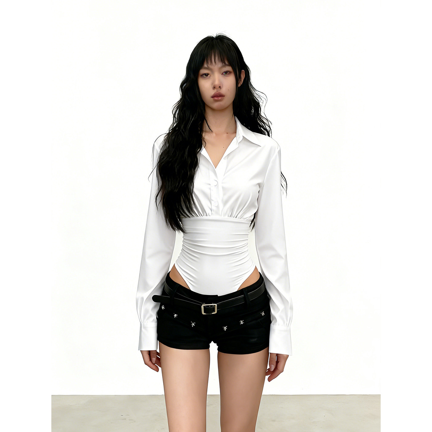 eilove假两件设计polo领长袖收腰衬衫女性感高腰开叉白色连体上衣,女装/女士精品,连体衣/裤,淘宝优惠券,粉丝福利购,淘宝优惠卷