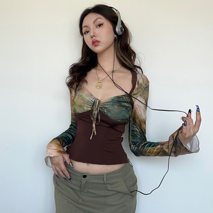 上衣 eilove宫廷风绑带抽褶胸型包肩方领T恤女艺术感扎染印花长袖