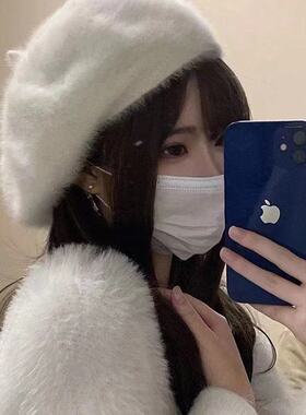 可爱白色兔毛茸茸毛绒贝雷帽女秋冬季周幼琳同款显脸小日系画家帽