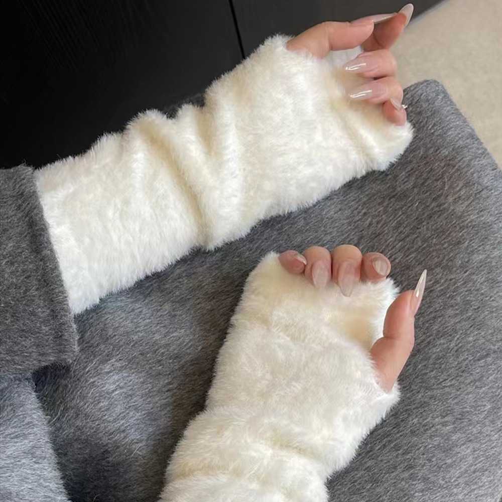 毛绒半指手套女百搭保暖加绒秋冬
