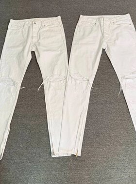 现货秒发！孩子王自主非fearofgod 4th白色破坏牛仔裤白牛