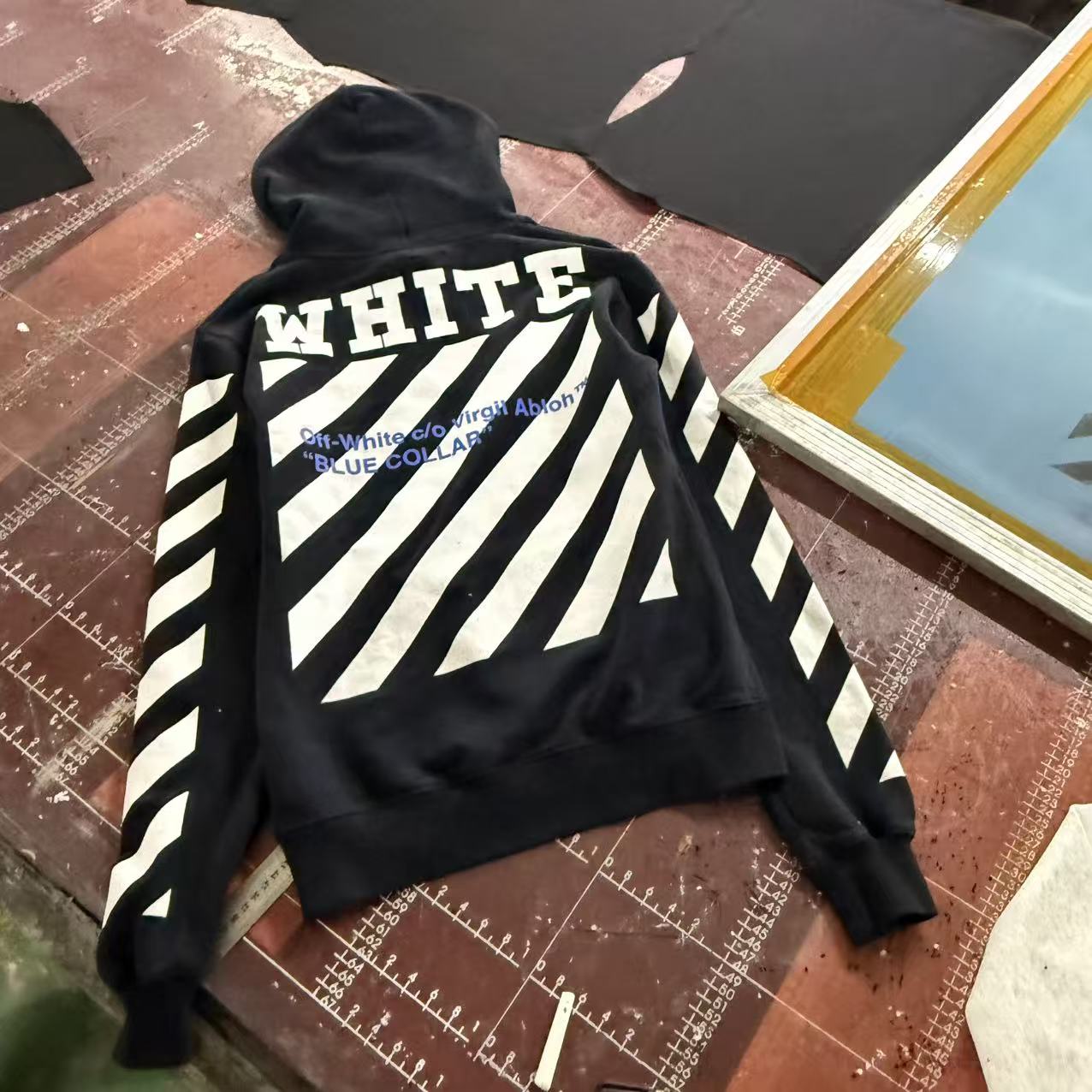 当天发出！hzw自主非Off-White 2025FW秋冬款蓝白条纹连帽卫衣