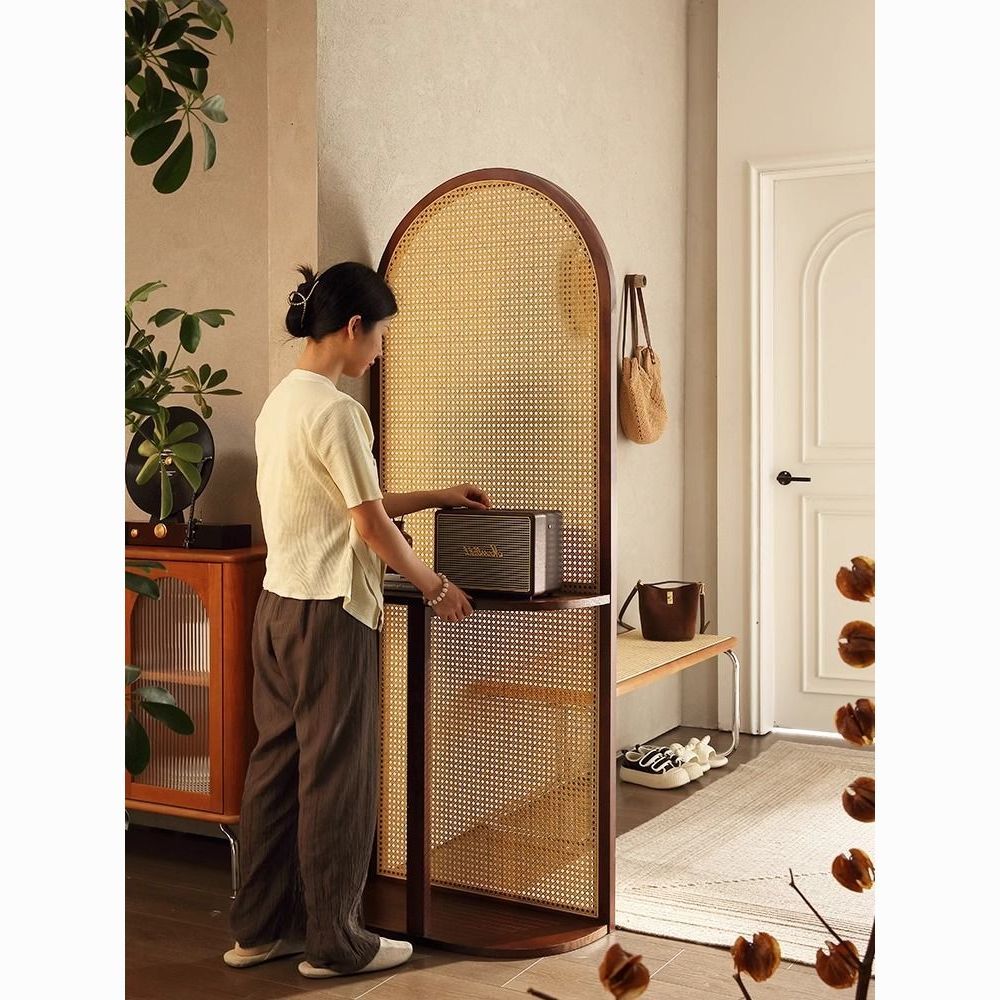 法式复古新中式实木藤编屏风隔断客厅移动民宿简约卧室玄关置物架