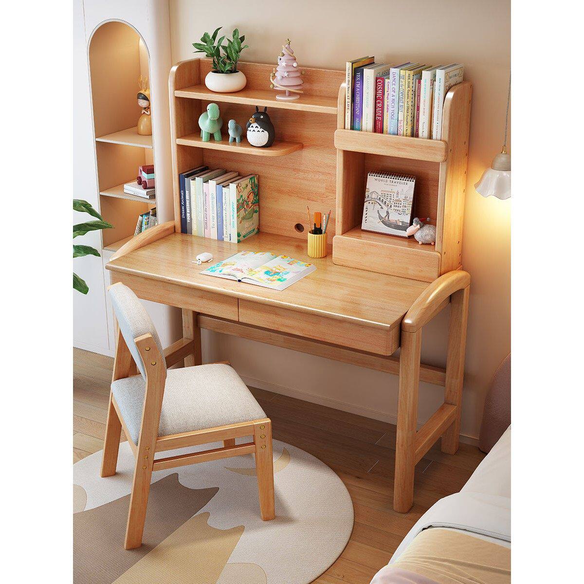 实木书桌书架一体家用台式电脑桌卧室学生可升降写字桌儿童学习桌