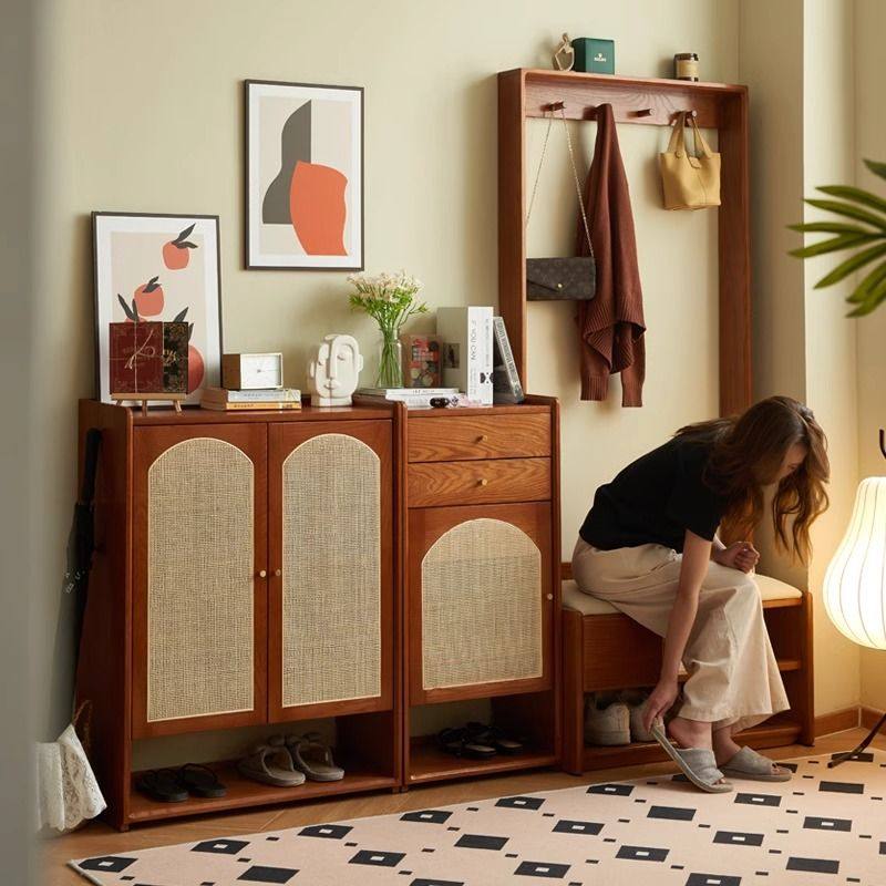 法式复古实木藤编鞋柜门口家用入户柜子收纳储物小户型带抽屉,住宅家具,鞋柜,淘宝优惠券,粉丝福利购,淘宝优惠卷