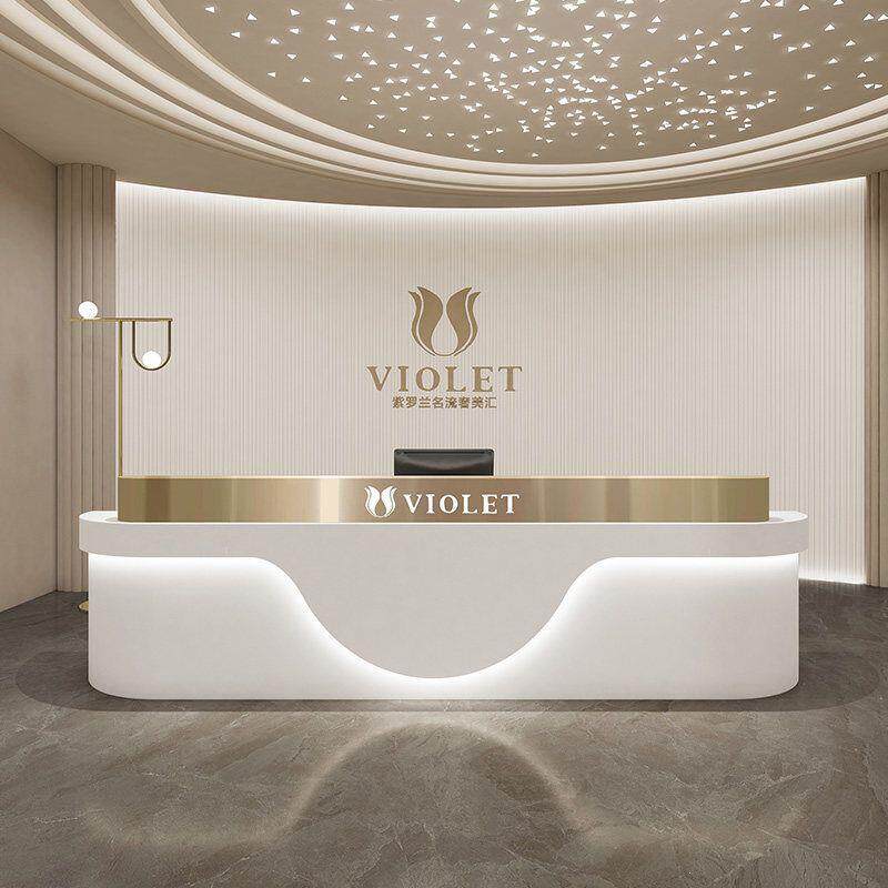 弧形不锈钢吧台奶油风侘寂医美公司接待前台酒店服装婚纱店收银台