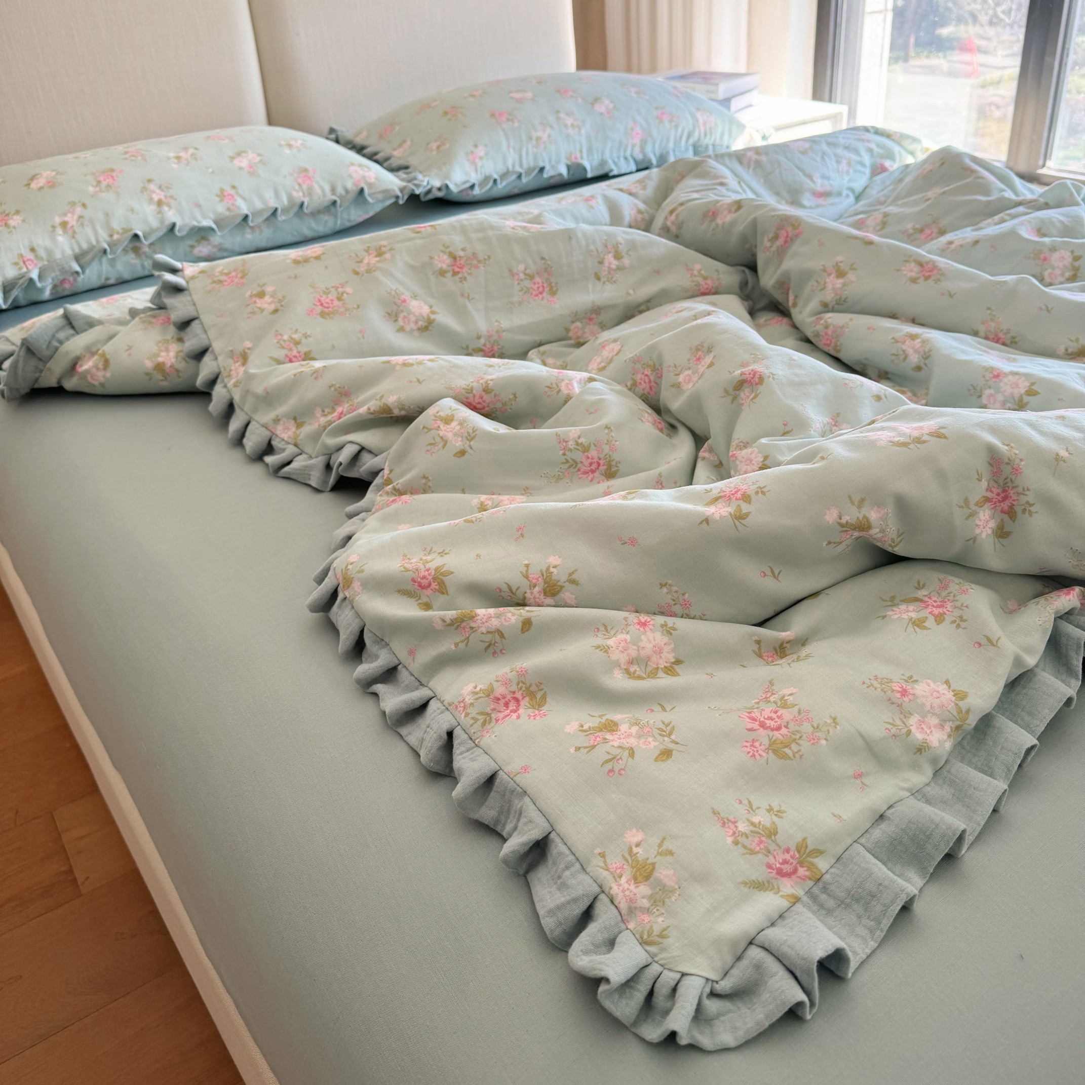 A类全棉双层纱小清新田园感纯棉三件套棉纱纱皱皱花边款四件套