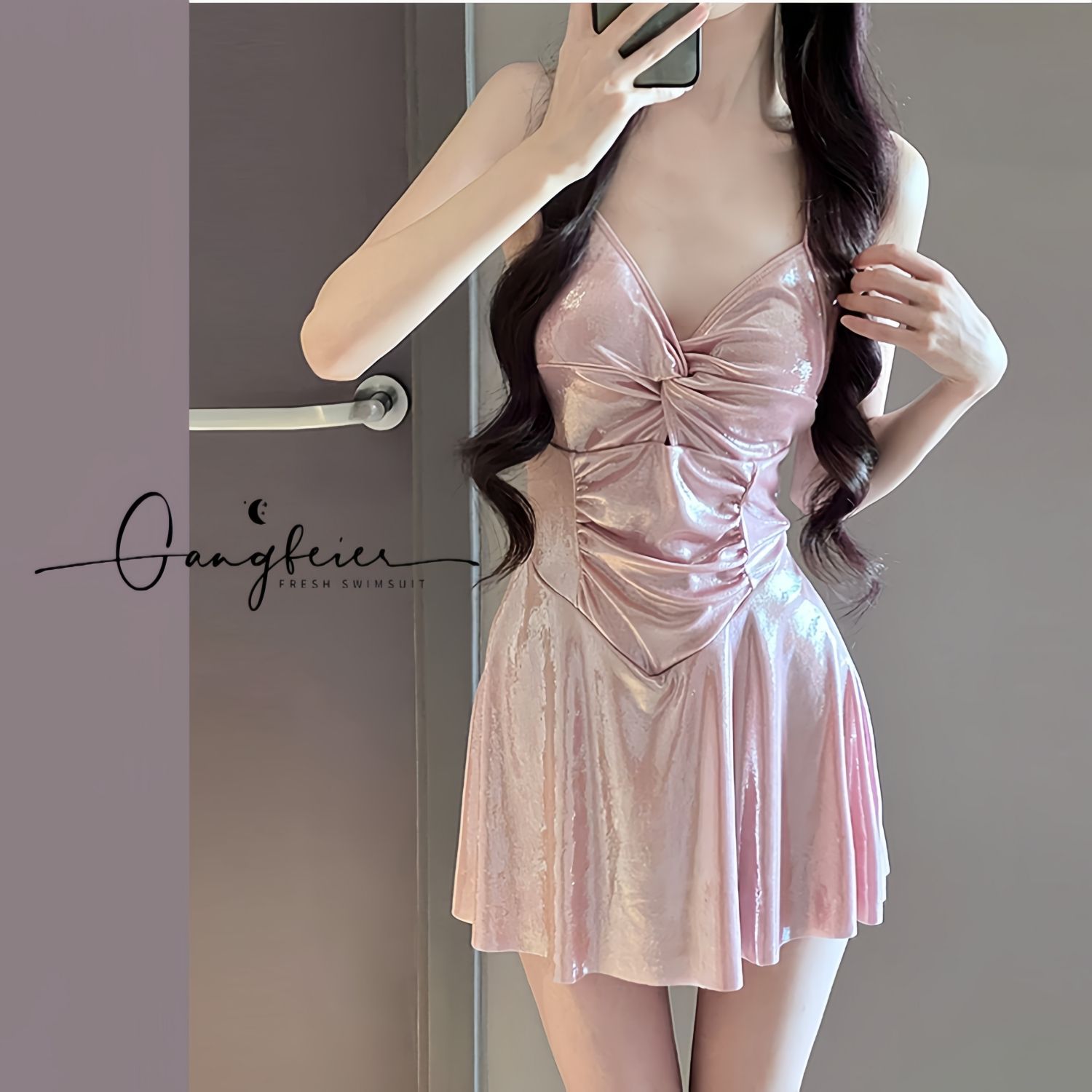 泳衣女高级感in新款闪粉色保守纯欲连体裙式微胖女孩泡温泉泳装